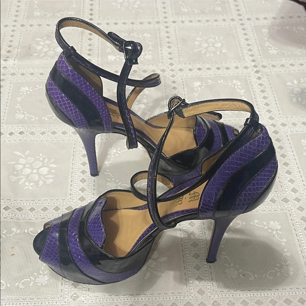 L.A.M.B. Miyagi Platform Purple Snakeskin Black Patent Leather Strappy Heels 9